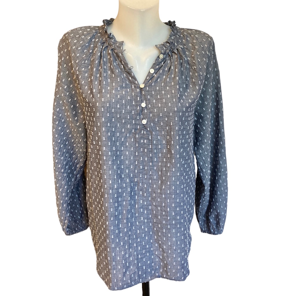 Ann Taylor Loft Castlerock Gray Polka Dotted Ruffle Collar Shirt Size M Medium